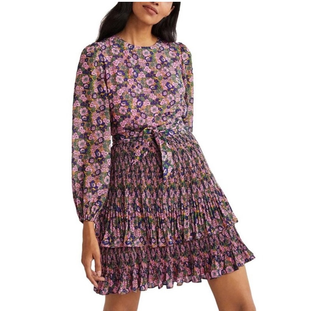 Boden Pink & Purple Floral Tiered Long-Sleeve Mini Dress